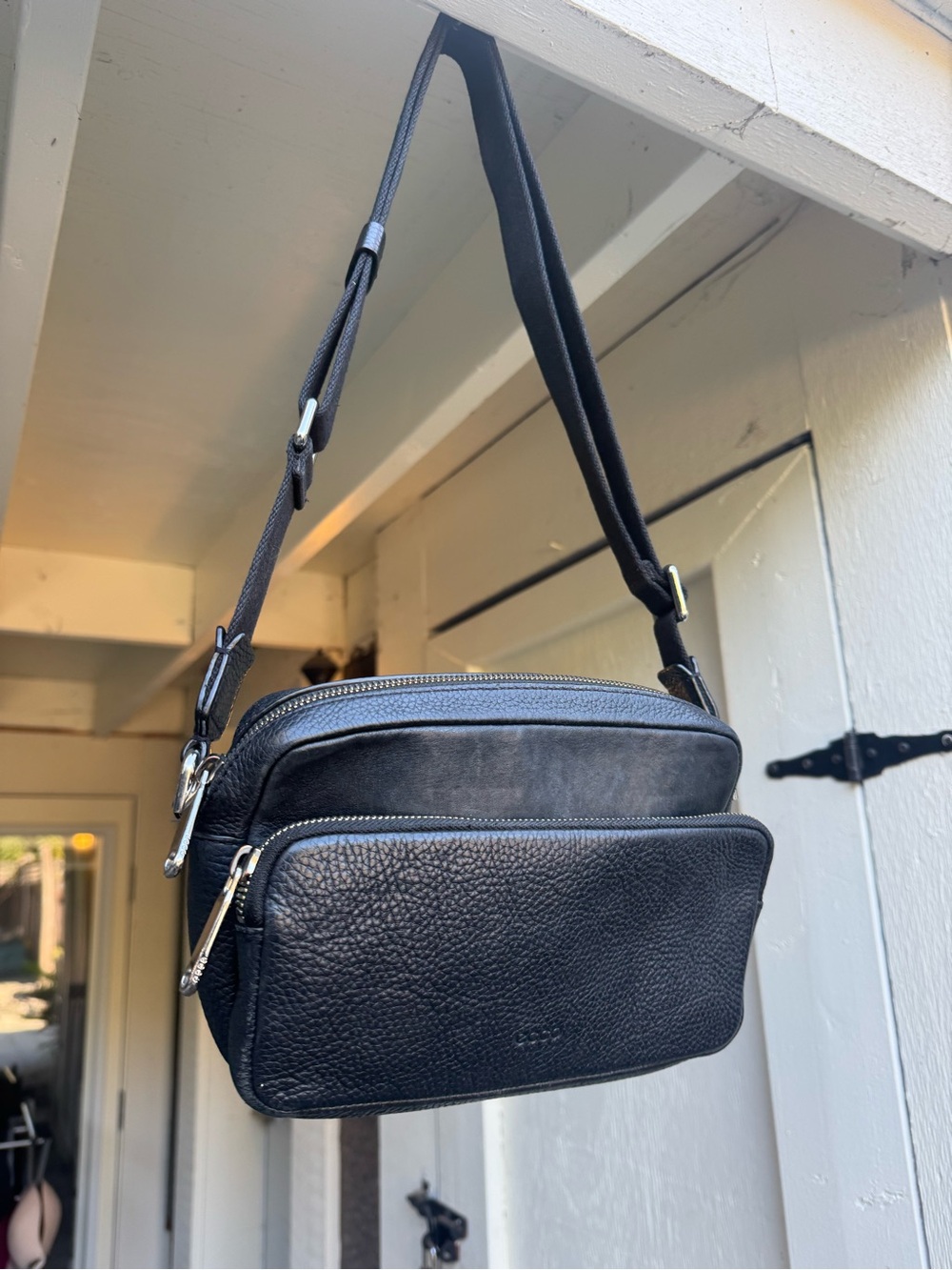 Ecco Black Real Leather Crossbody Camera Bag with Front Zip Pocket